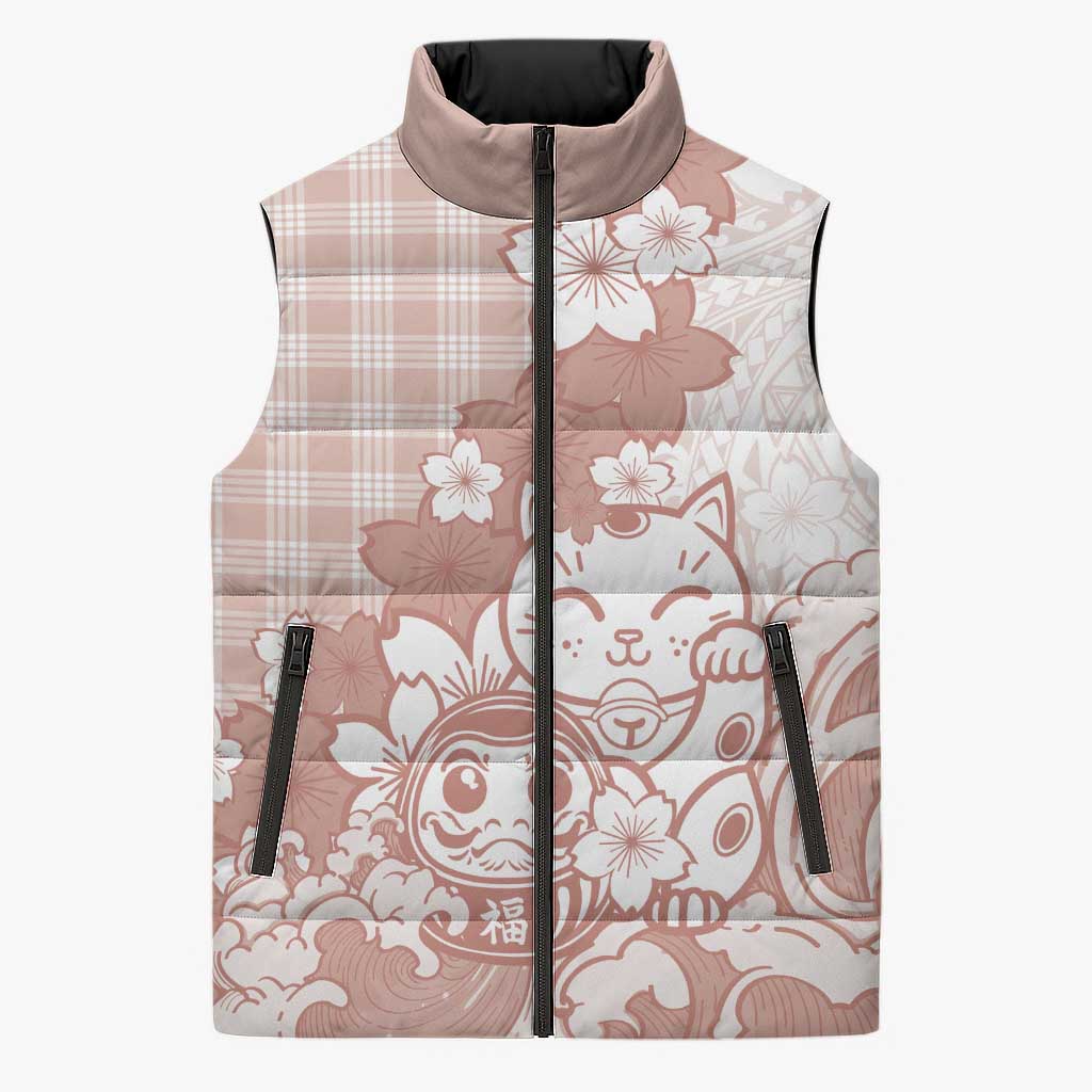 Beige Palaka Hawaiian And Japanese Sleeveless Puffer Jacket Maneki Neko And Sakura Bloom DT05 Unisex Beige - Polynesian Pride
