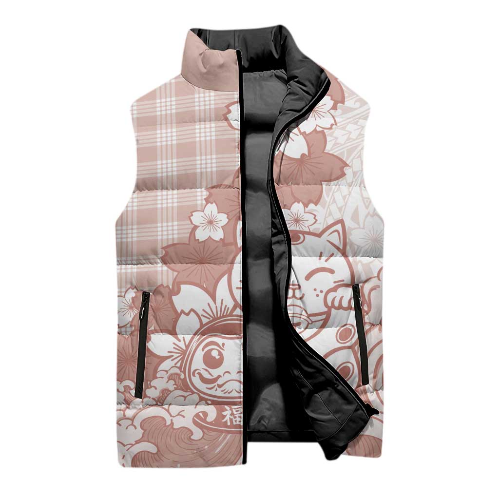 Beige Palaka Hawaiian And Japanese Sleeveless Puffer Jacket Maneki Neko And Sakura Bloom DT05 - Polynesian Pride