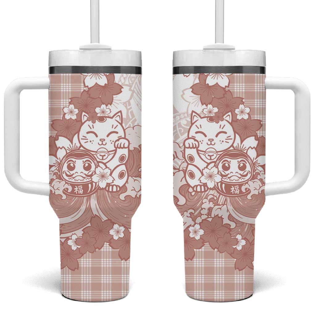 Beige Palaka Hawaiian And Japanese Tumbler With Handle Maneki Neko And Sakura Bloom DT05 One Size: 40 oz Beige - Polynesian Pride
