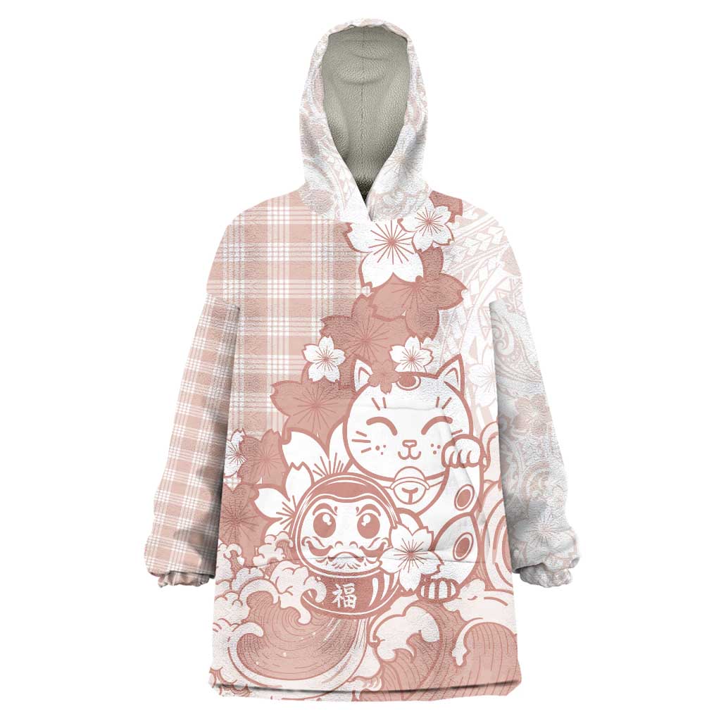 Beige Palaka Hawaiian And Japanese Wearable Blanket Hoodie Maneki Neko And Sakura Bloom