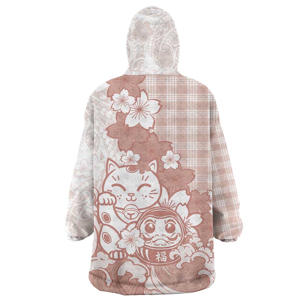 Beige Palaka Hawaiian And Japanese Wearable Blanket Hoodie Maneki Neko And Sakura Bloom