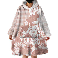 Beige Palaka Hawaiian And Japanese Wearable Blanket Hoodie Maneki Neko And Sakura Bloom