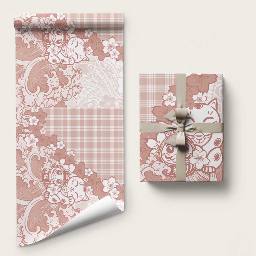Beige Palaka Hawaiian And Japanese Wrapping Paper Maneki Neko And Sakura Bloom