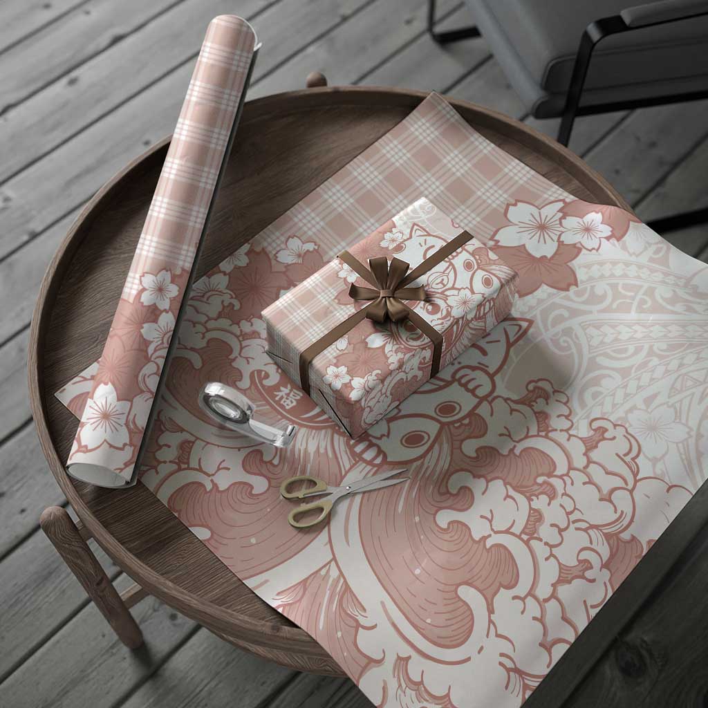 Beige Palaka Hawaiian And Japanese Wrapping Paper Maneki Neko And Sakura Bloom