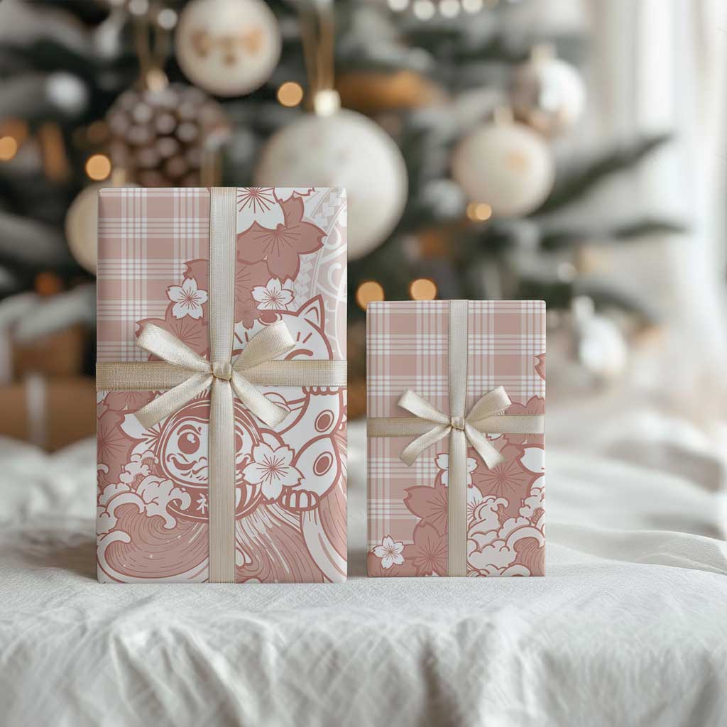 Beige Palaka Hawaiian And Japanese Wrapping Paper Maneki Neko And Sakura Bloom