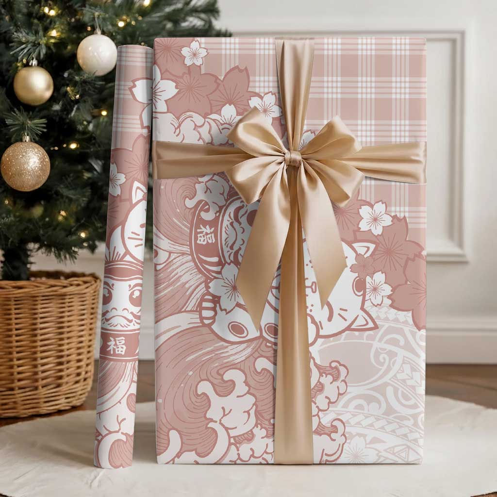Beige Palaka Hawaiian And Japanese Wrapping Paper Maneki Neko And Sakura Bloom