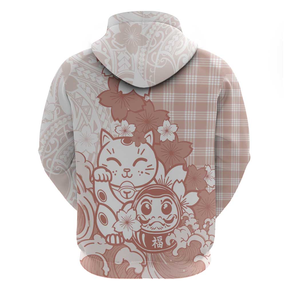 Beige Palaka Hawaiian And Japanese Zip Hoodie Maneki Neko And Sakura Bloom DT05 - Polynesian Pride