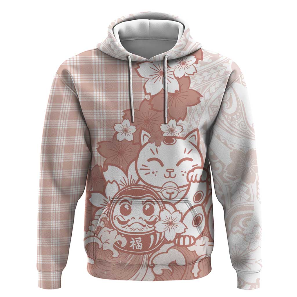 Beige Palaka Hawaiian And Japanese Zip Hoodie Maneki Neko And Sakura Bloom DT05 Pullover Hoodie Beige - Polynesian Pride