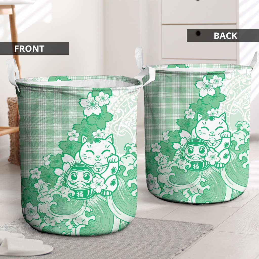 Green Palaka Hawaiian And Japanese Laundry Basket Maneki Neko And Sakura Bloom