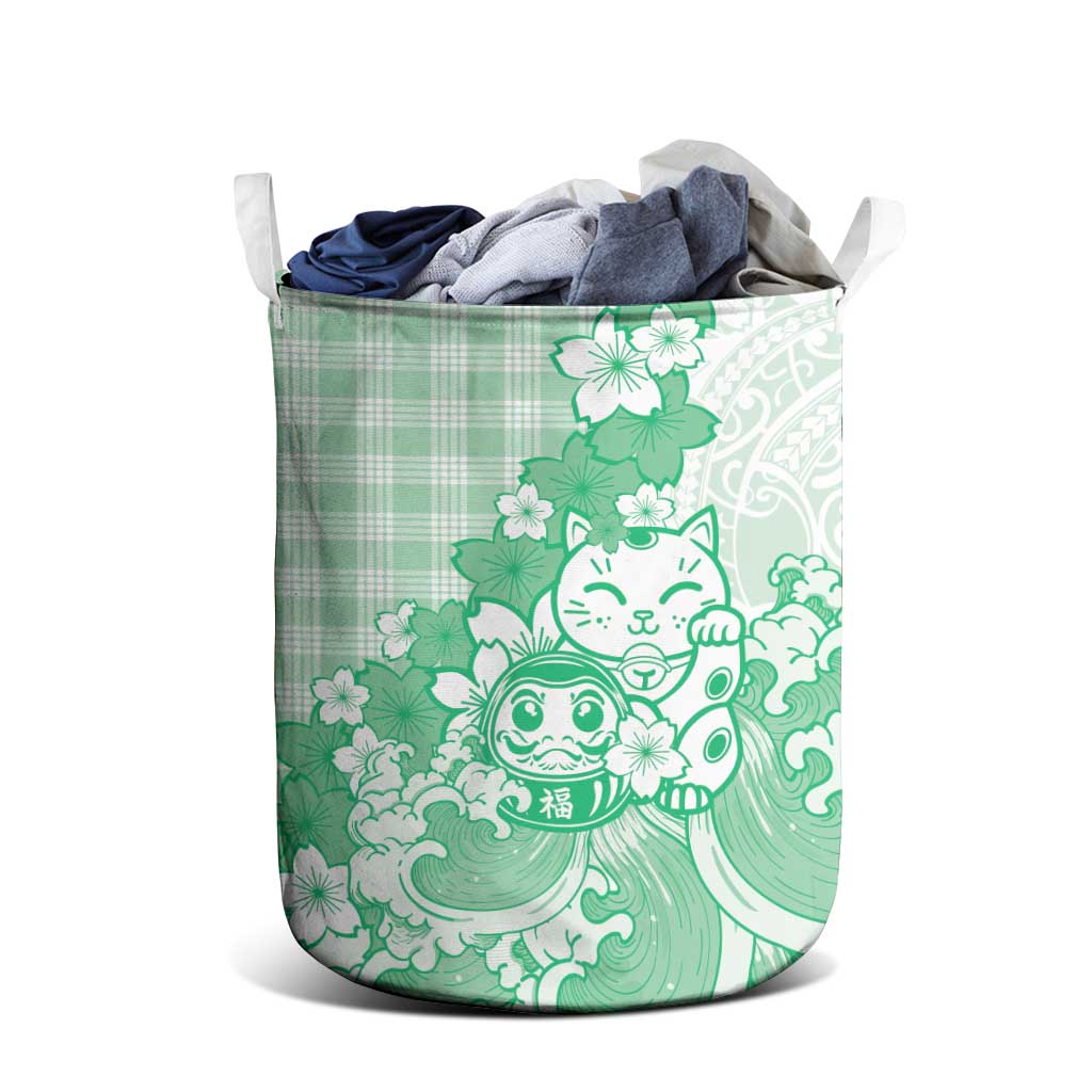 Green Palaka Hawaiian And Japanese Laundry Basket Maneki Neko And Sakura Bloom