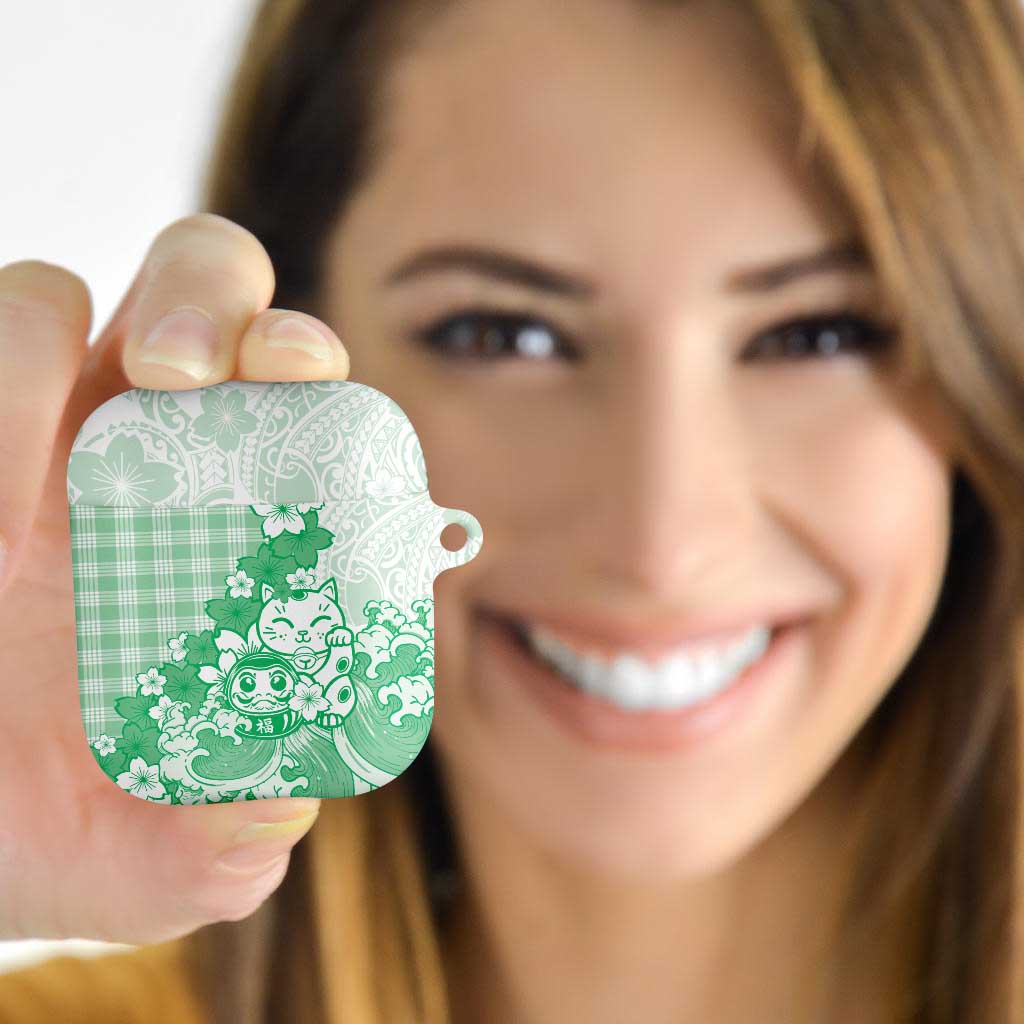 Green Palaka Hawaiian And Japanese AirPods Case Maneki Neko And Sakura Bloom