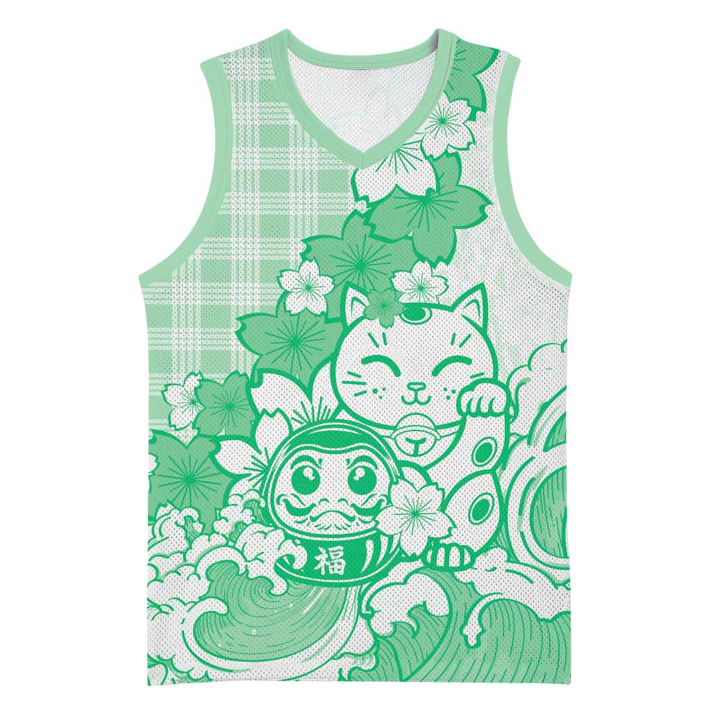 Green Palaka Hawaiian And Japanese Basketball Jersey Maneki Neko And Sakura Bloom DT05 Unisex Green - Polynesian Pride