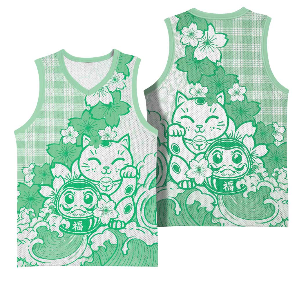 Green Palaka Hawaiian And Japanese Basketball Jersey Maneki Neko And Sakura Bloom