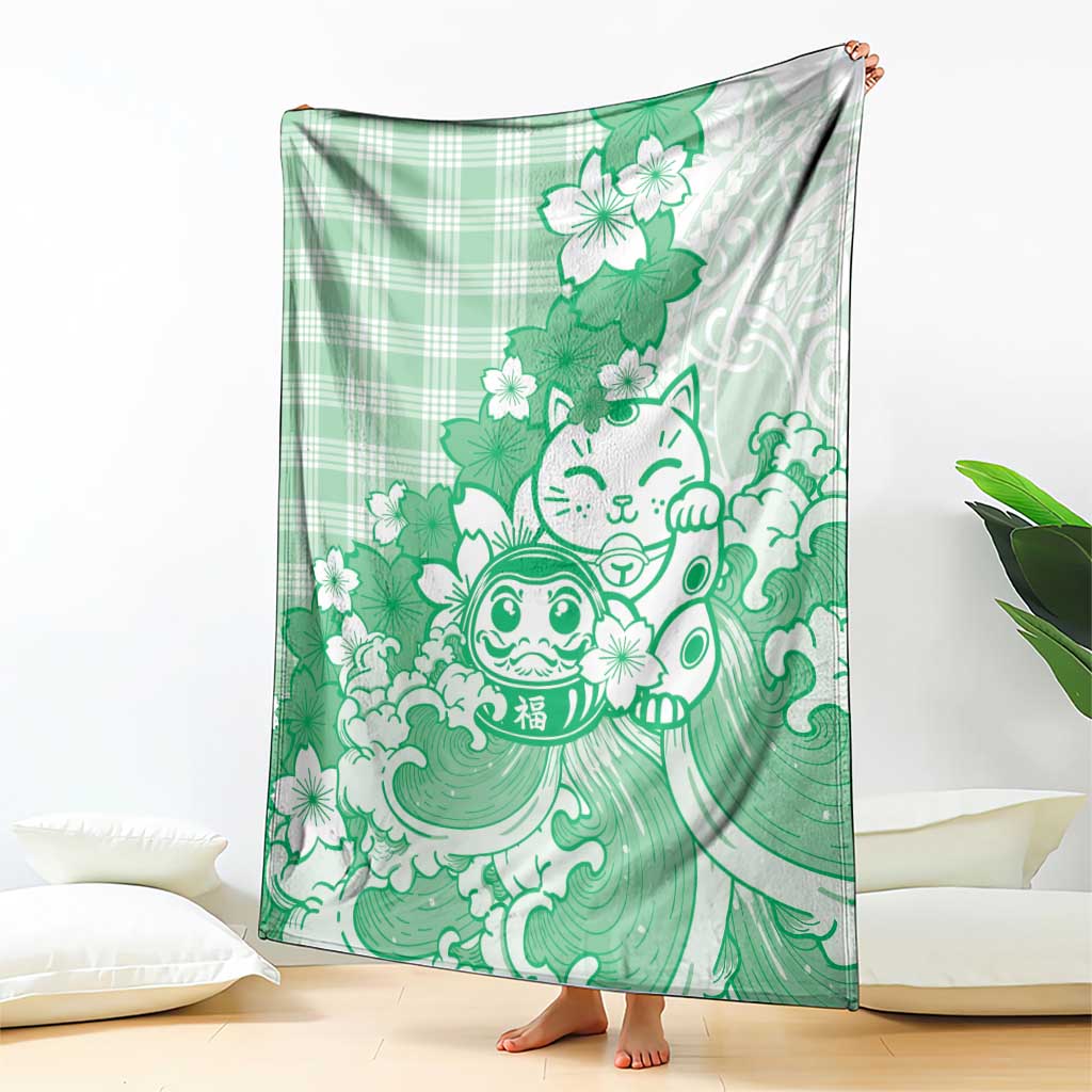 Green Palaka Hawaiian And Japanese Blanket Maneki Neko And Sakura Bloom