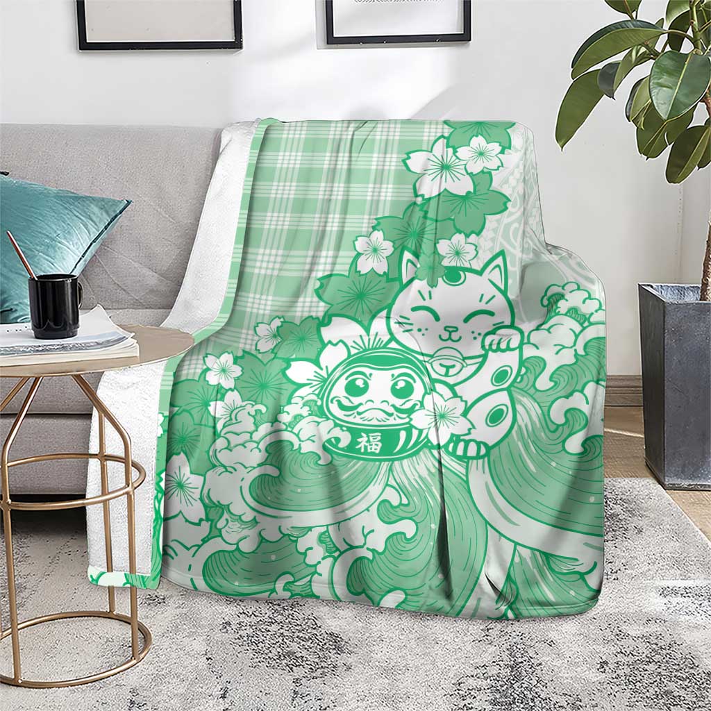 Green Palaka Hawaiian And Japanese Blanket Maneki Neko And Sakura Bloom