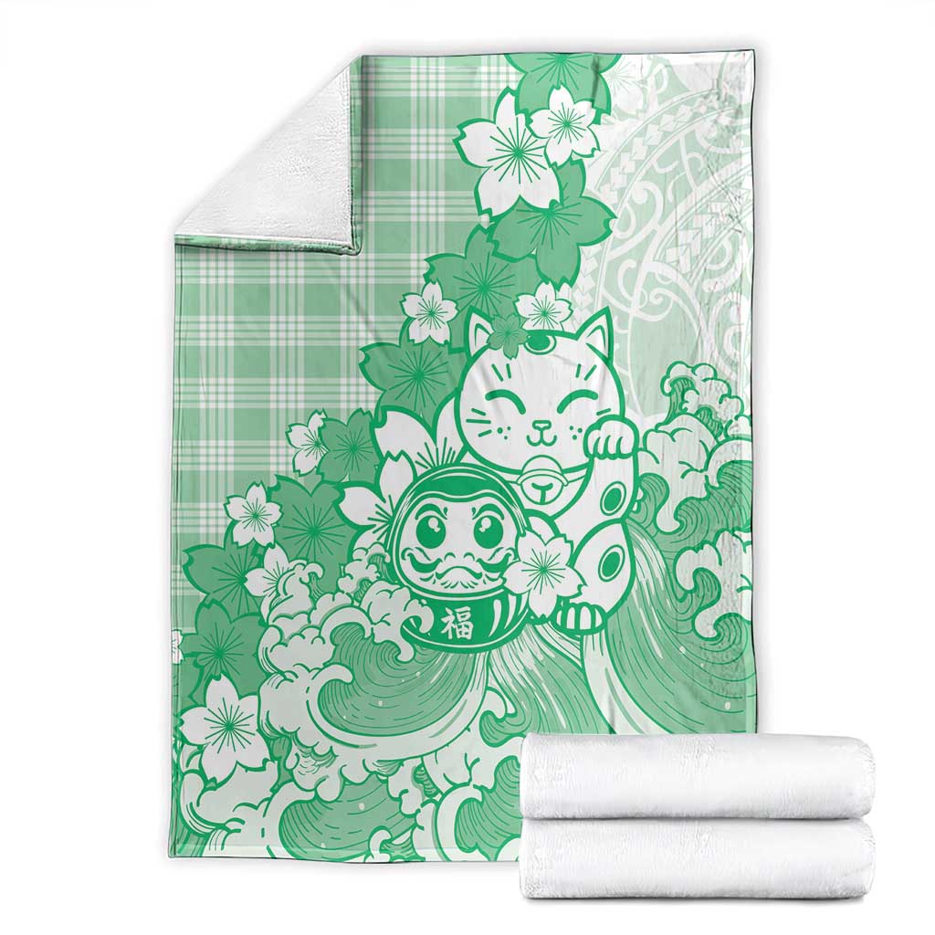 Green Palaka Hawaiian And Japanese Blanket Maneki Neko And Sakura Bloom