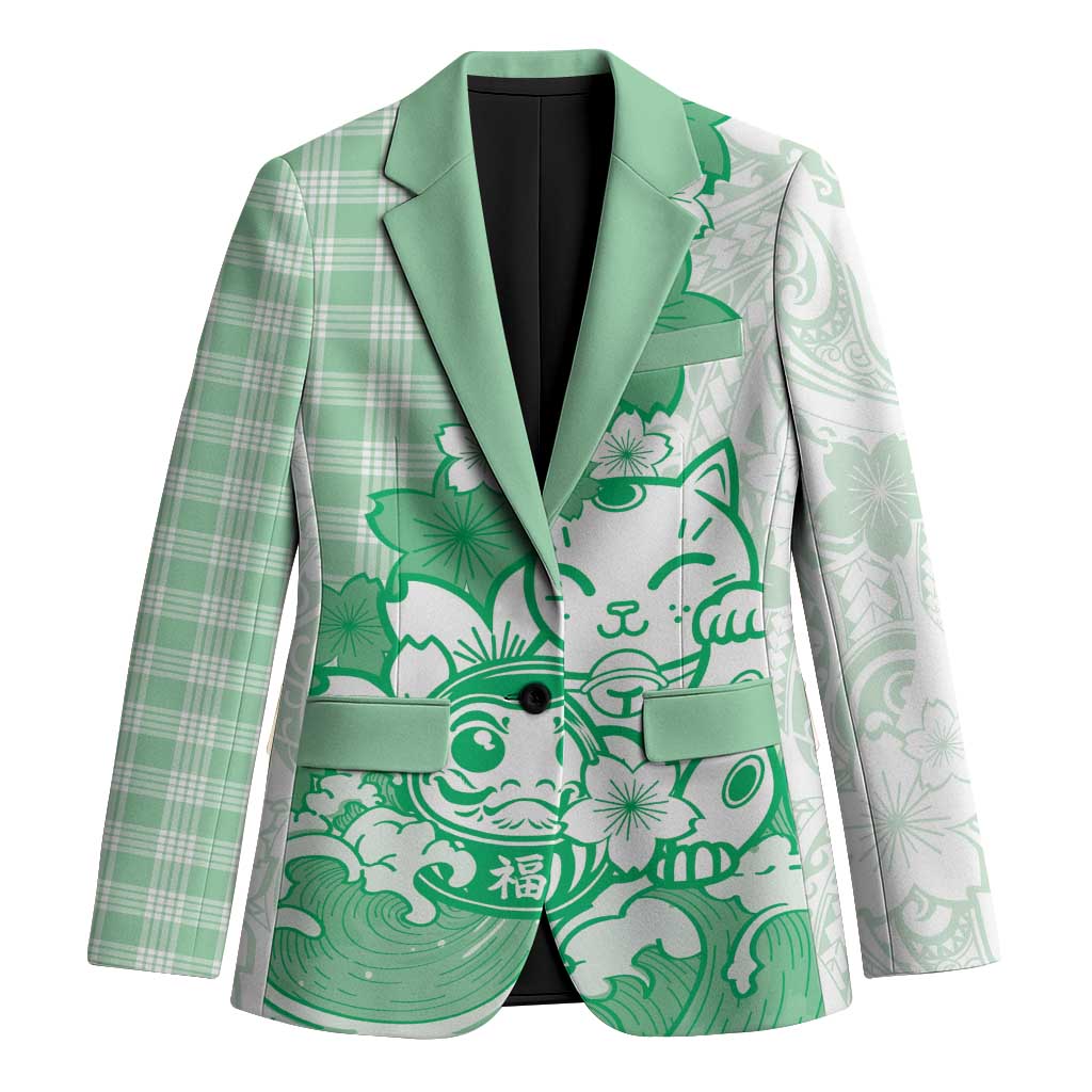 Green Palaka Hawaiian And Japanese Blazer Maneki Neko And Sakura Bloom DT05 Unisex Green - Polynesian Pride