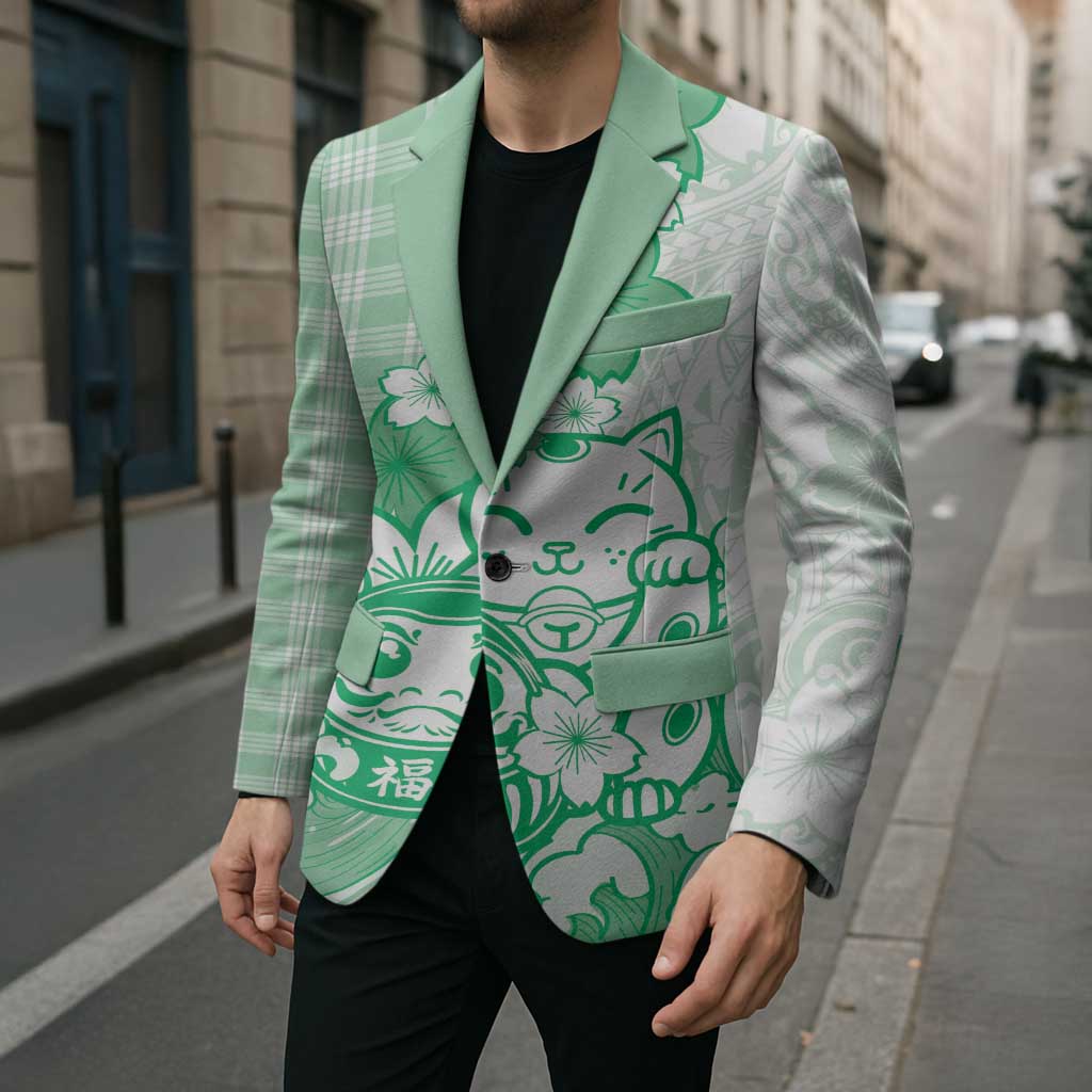 Green Palaka Hawaiian And Japanese Blazer Maneki Neko And Sakura Bloom