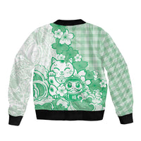 Green Palaka Hawaiian And Japanese Bomber Jacket Maneki Neko And Sakura Bloom DT05 - Polynesian Pride