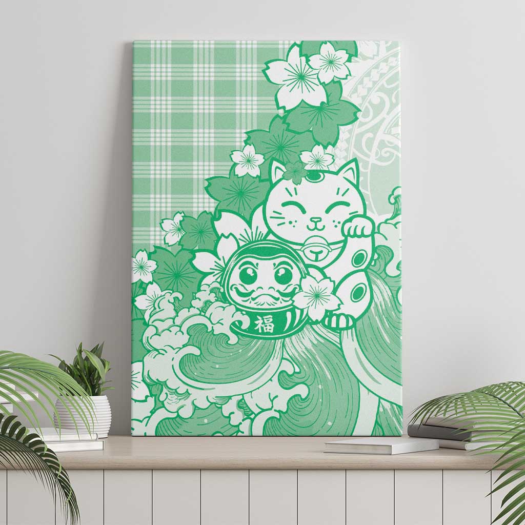 Green Palaka Hawaiian And Japanese Canvas Wall Art Maneki Neko And Sakura Bloom
