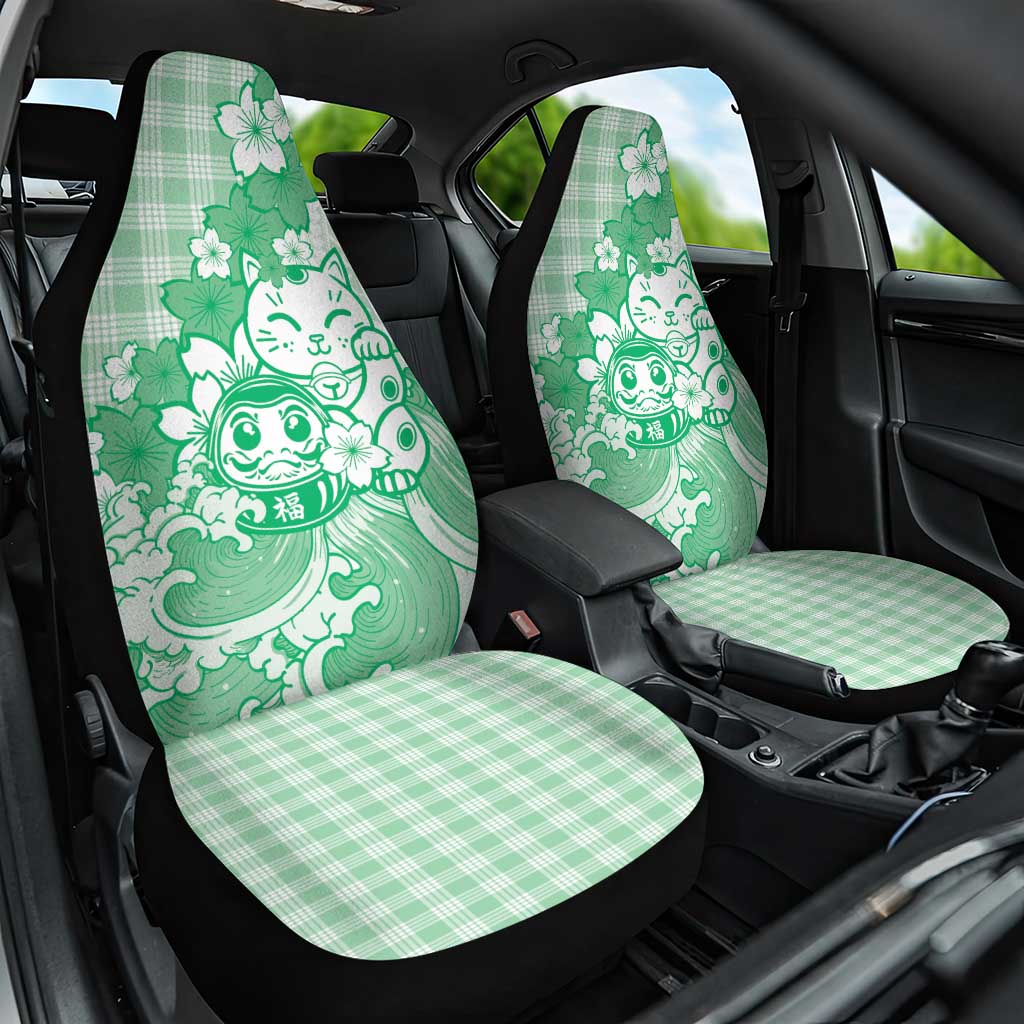 Green Palaka Hawaiian And Japanese Car Seat Cover Maneki Neko And Sakura Bloom DT05 One Size Green - Polynesian Pride