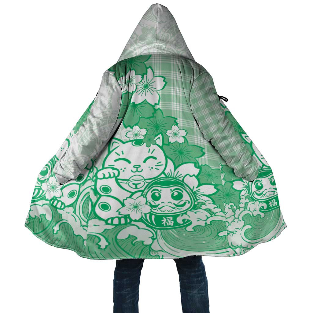 Green Palaka Hawaiian And Japanese Cloak Maneki Neko And Sakura Bloom