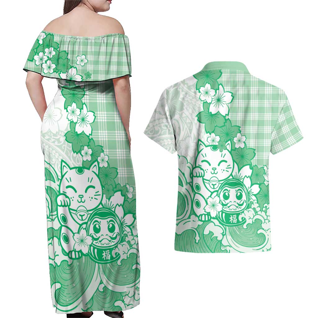 Green Palaka Hawaiian And Japanese Couples Matching Off Shoulder Maxi Dress and Hawaiian Shirt Maneki Neko And Sakura Bloom DT05 - Polynesian Pride