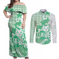 Green Palaka Hawaiian And Japanese Couples Matching Off Shoulder Maxi Dress and Long Sleeve Button Shirt Maneki Neko And Sakura Bloom DT05 Green - Polynesian Pride