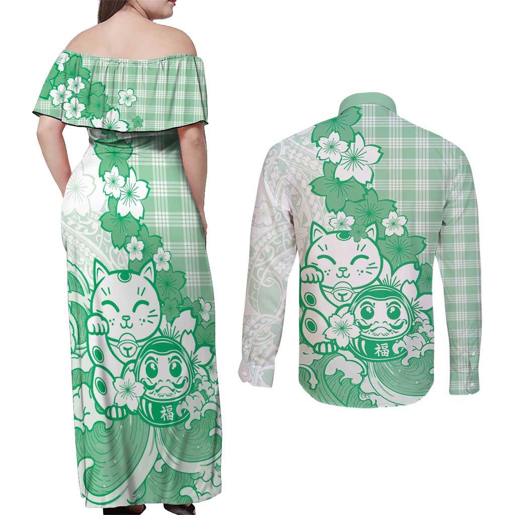 Green Palaka Hawaiian And Japanese Couples Matching Off Shoulder Maxi Dress and Long Sleeve Button Shirt Maneki Neko And Sakura Bloom DT05 - Polynesian Pride