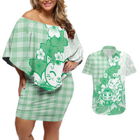 Green Palaka Hawaiian And Japanese Couples Matching Off Shoulder Short Dress and Hawaiian Shirt Maneki Neko And Sakura Bloom DT05 Green - Polynesian Pride