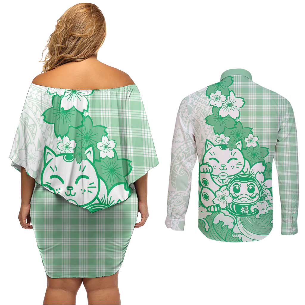 Green Palaka Hawaiian And Japanese Couples Matching Off Shoulder Short Dress and Long Sleeve Button Shirt Maneki Neko And Sakura Bloom DT05 - Polynesian Pride
