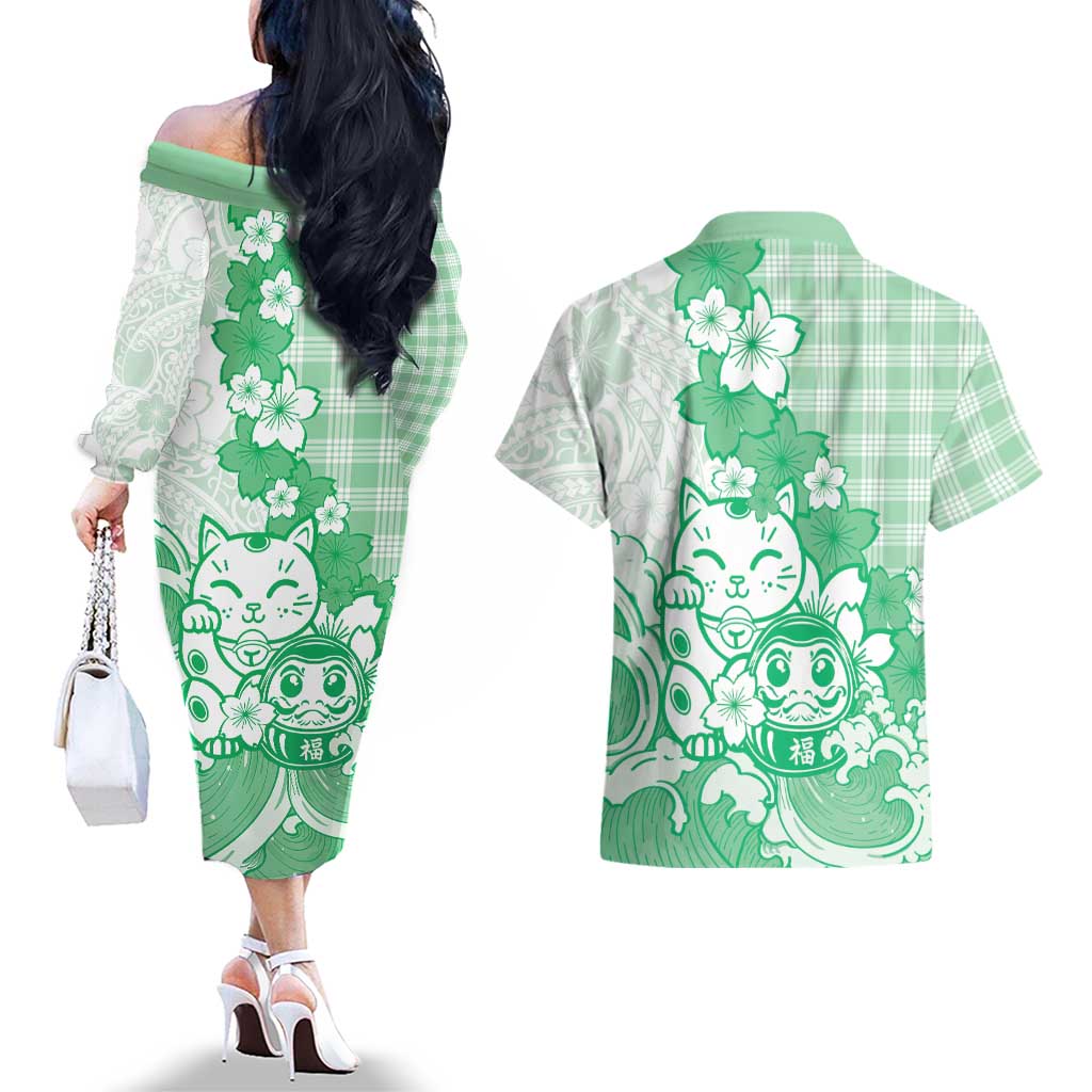 Green Palaka Hawaiian And Japanese Couples Matching Off The Shoulder Long Sleeve Dress and Hawaiian Shirt Maneki Neko And Sakura Bloom