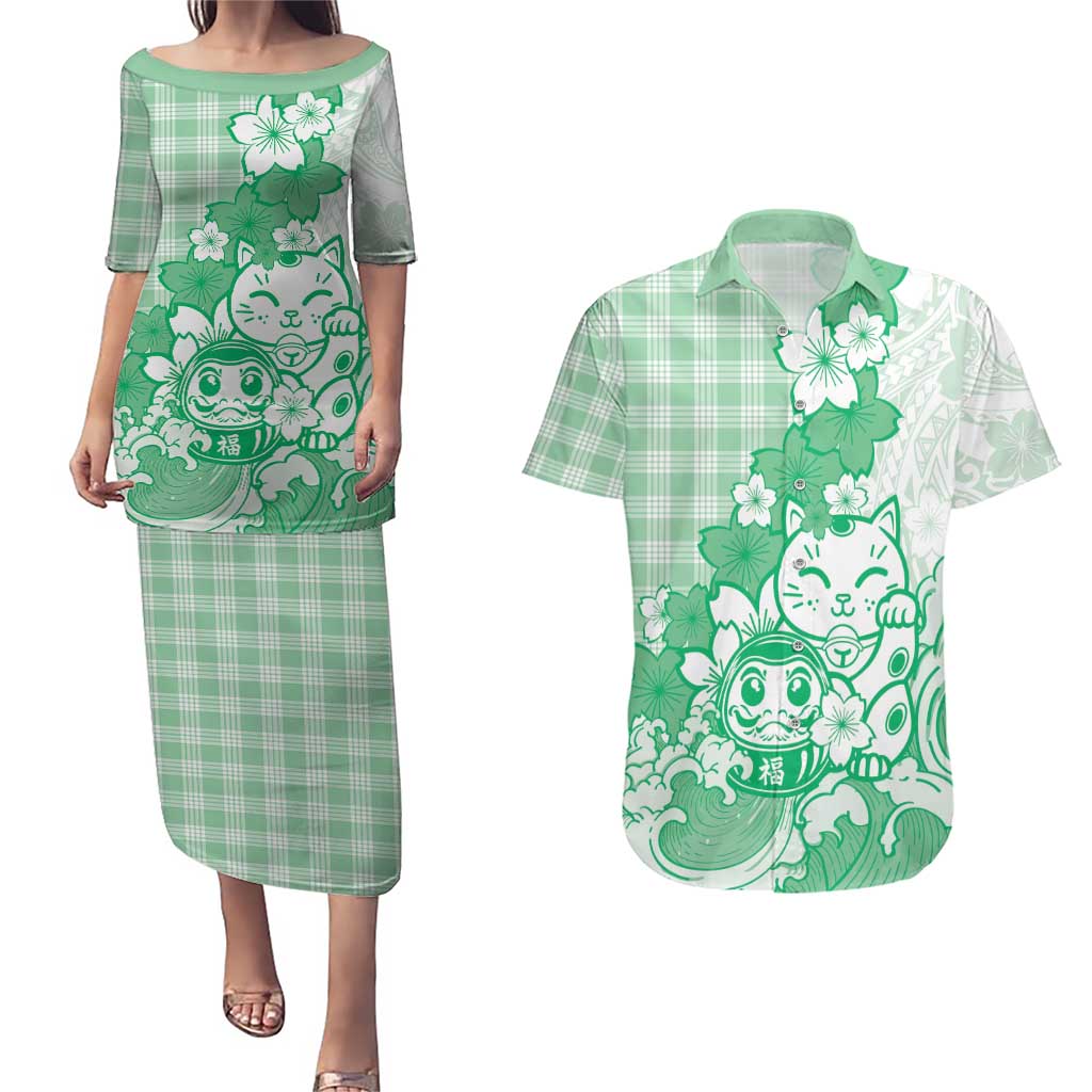 Green Palaka Hawaiian And Japanese Couples Matching Puletasi and Hawaiian Shirt Maneki Neko And Sakura Bloom