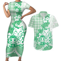Green Palaka Hawaiian And Japanese Couples Matching Short Sleeve Bodycon Dress and Hawaiian Shirt Maneki Neko And Sakura Bloom