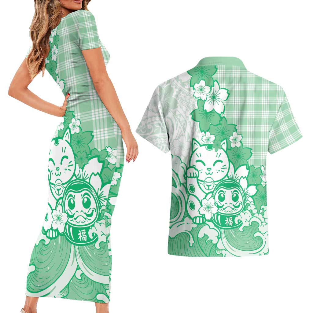 Green Palaka Hawaiian And Japanese Couples Matching Short Sleeve Bodycon Dress and Hawaiian Shirt Maneki Neko And Sakura Bloom