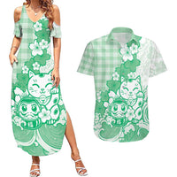 Green Palaka Hawaiian And Japanese Couples Matching Summer Maxi Dress and Hawaiian Shirt Maneki Neko And Sakura Bloom DT05 Green - Polynesian Pride
