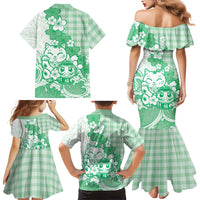 Green Palaka Hawaiian And Japanese Family Matching Mermaid Dress and Hawaiian Shirt Maneki Neko And Sakura Bloom DT05 - Polynesian Pride