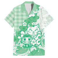 Green Palaka Hawaiian And Japanese Family Matching Mermaid Dress and Hawaiian Shirt Maneki Neko And Sakura Bloom DT05 Dad's Shirt - Short Sleeve Green - Polynesian Pride