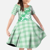 Green Palaka Hawaiian And Japanese Family Matching Off The Shoulder Long Sleeve Dress and Hawaiian Shirt Maneki Neko And Sakura Bloom DT05 Daughter's Dress Green - Polynesian Pride