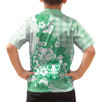 Green Palaka Hawaiian And Japanese Family Matching Off Shoulder Short Dress and Hawaiian Shirt Maneki Neko And Sakura Bloom DT05 - Polynesian Pride