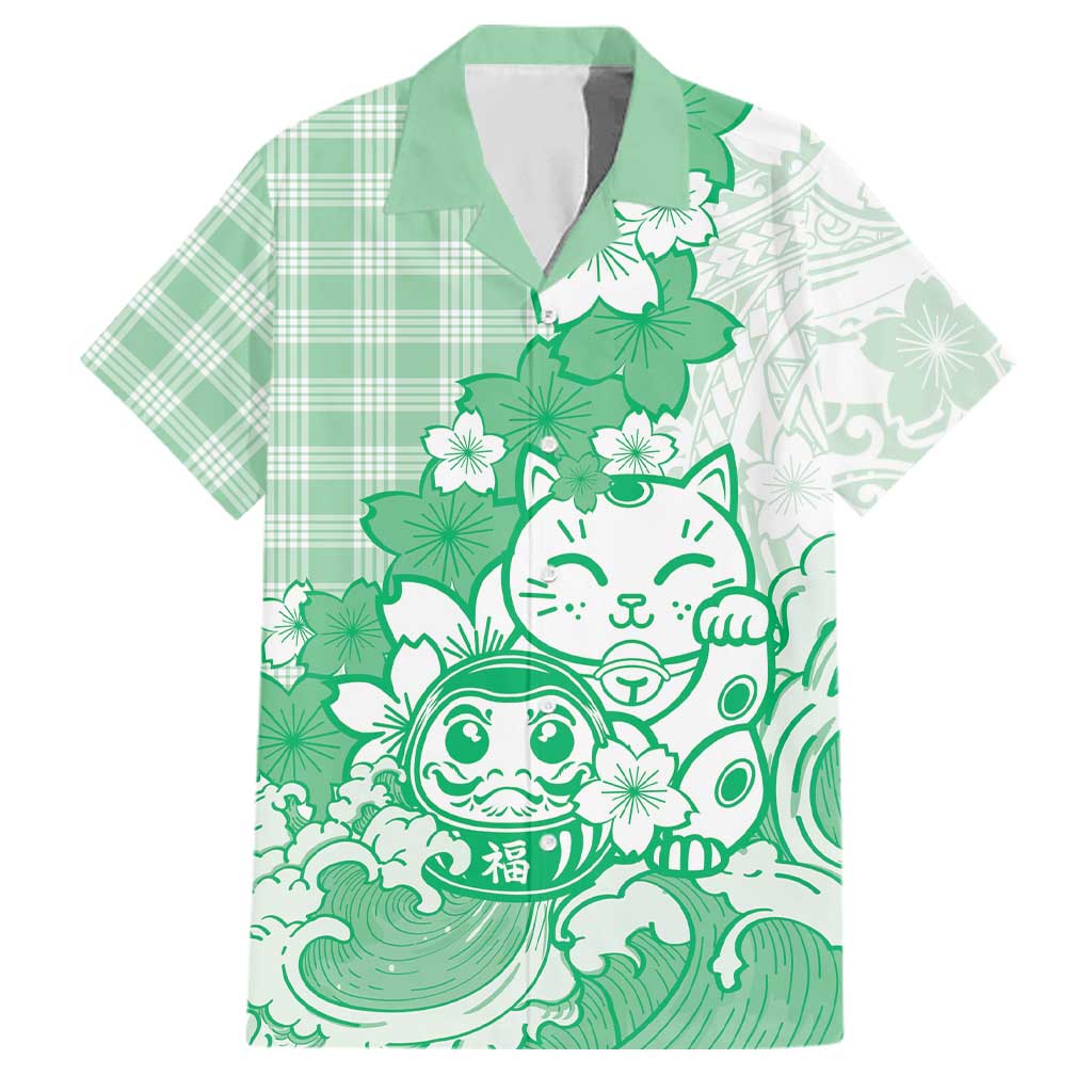 Green Palaka Hawaiian And Japanese Family Matching Off Shoulder Short Dress and Hawaiian Shirt Maneki Neko And Sakura Bloom DT05 Dad's Shirt - Short Sleeve Green - Polynesian Pride