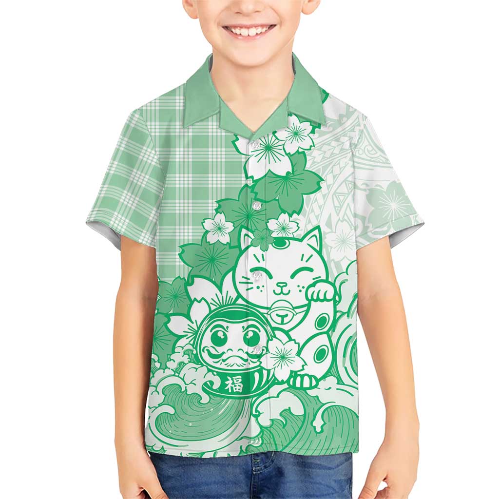 Green Palaka Hawaiian And Japanese Family Matching Off Shoulder Short Dress and Hawaiian Shirt Maneki Neko And Sakura Bloom DT05 Son's Shirt Green - Polynesian Pride
