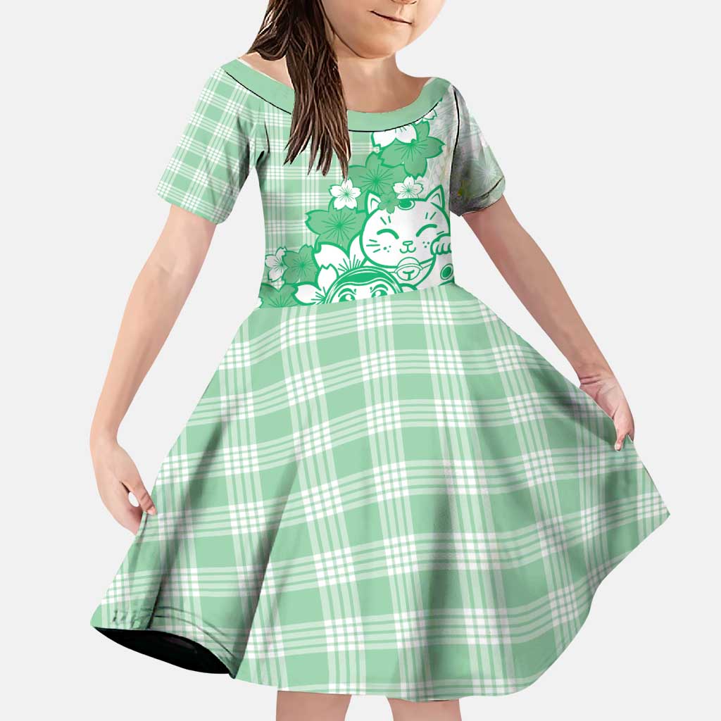 Green Palaka Hawaiian And Japanese Family Matching Puletasi and Hawaiian Shirt Maneki Neko And Sakura Bloom