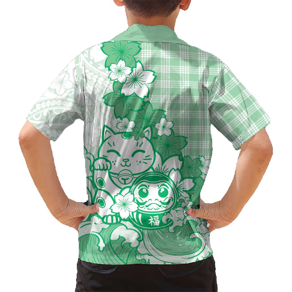 Green Palaka Hawaiian And Japanese Family Matching Short Sleeve Bodycon Dress and Hawaiian Shirt Maneki Neko And Sakura Bloom DT05 - Polynesian Pride