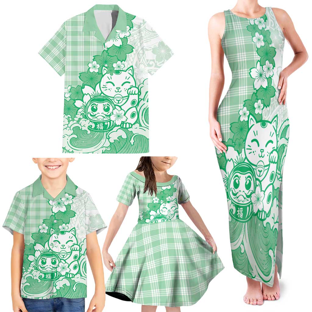 Green Palaka Hawaiian And Japanese Family Matching Tank Maxi Dress and Hawaiian Shirt Maneki Neko And Sakura Bloom