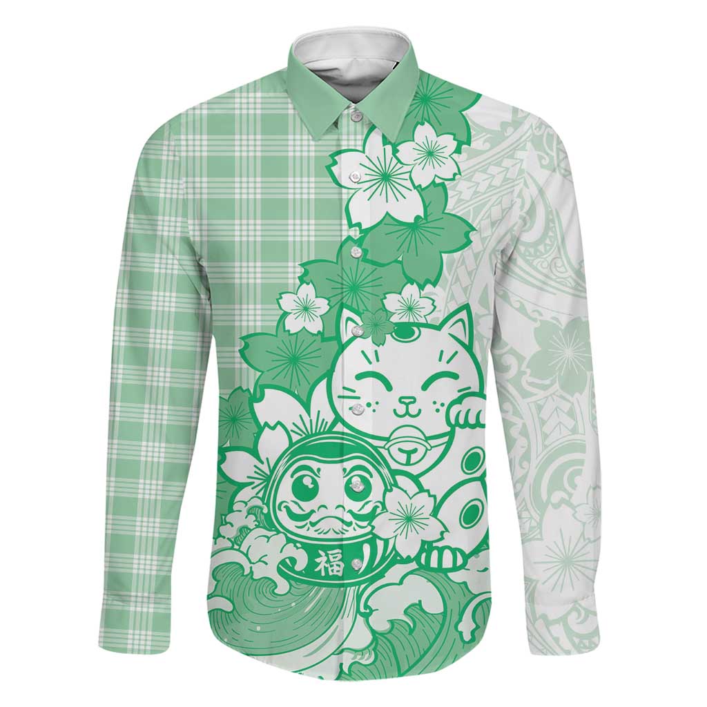Green Palaka Hawaiian And Japanese Family Matching Tank Maxi Dress and Hawaiian Shirt Maneki Neko And Sakura Bloom DT05 Dad's Shirt - Long Sleeve Green - Polynesian Pride