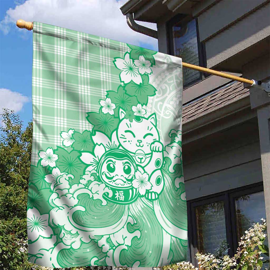 Green Palaka Hawaiian And Japanese Garden Flag Maneki Neko And Sakura Bloom