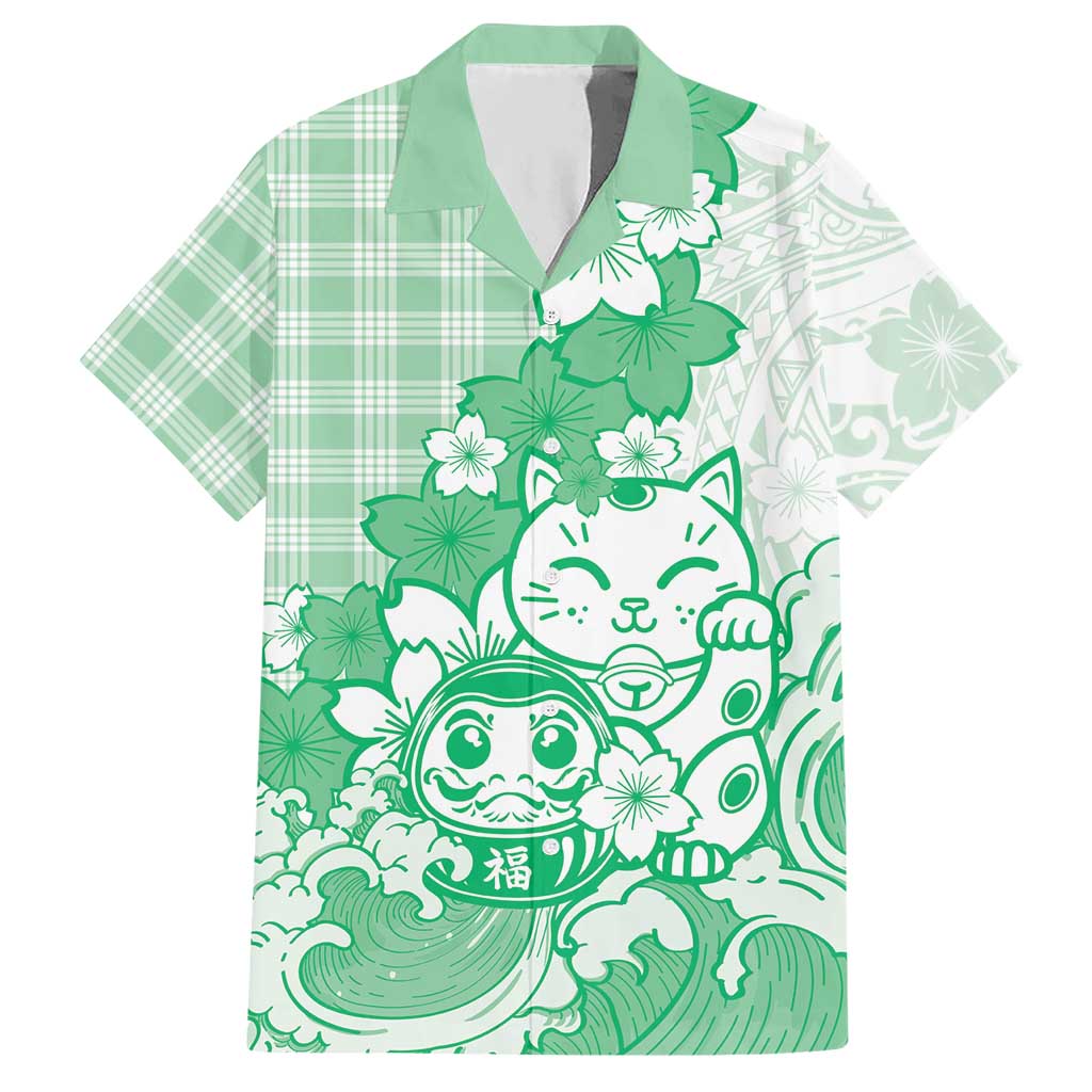 Green Palaka Hawaiian And Japanese Hawaiian Shirt Maneki Neko And Sakura Bloom