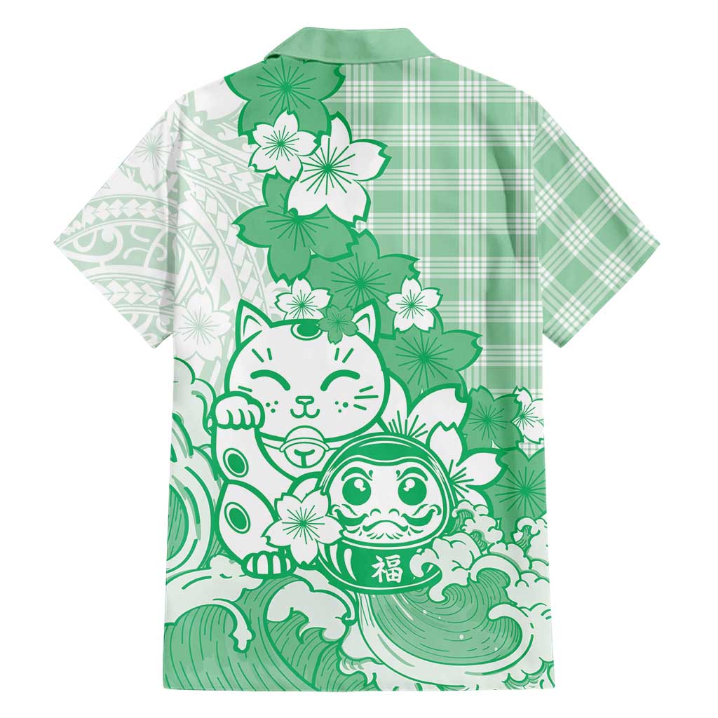Green Palaka Hawaiian And Japanese Hawaiian Shirt Maneki Neko And Sakura Bloom