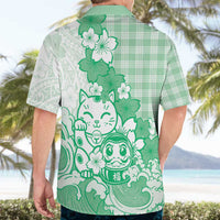 Green Palaka Hawaiian And Japanese Hawaiian Shirt Maneki Neko And Sakura Bloom